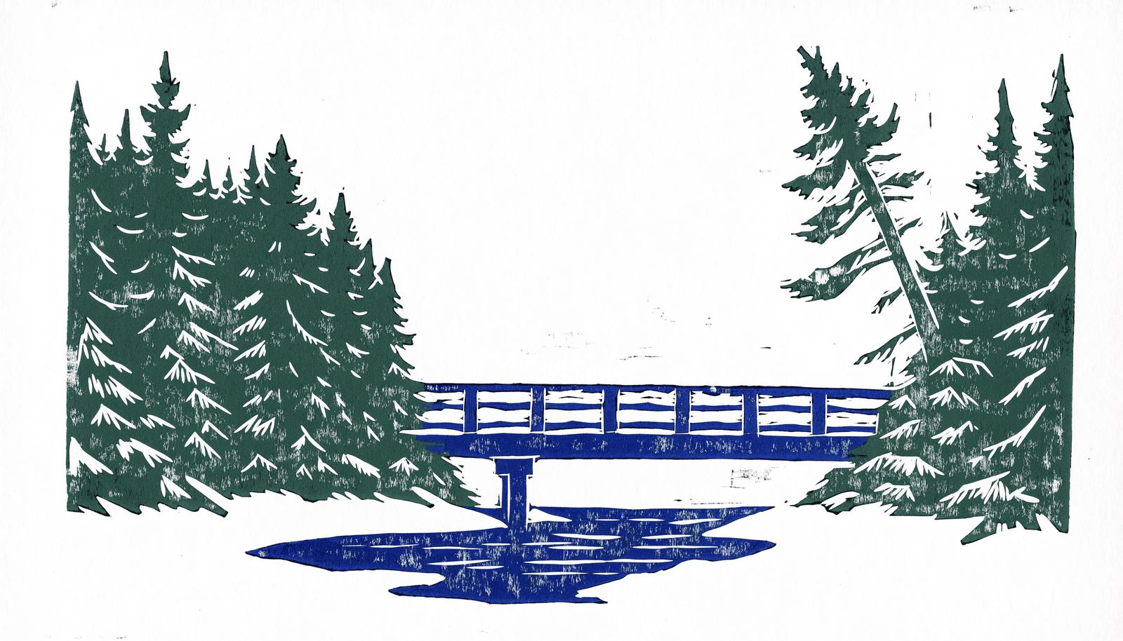 A linocut print of a wooden footbridge over a frozen stream between pines.