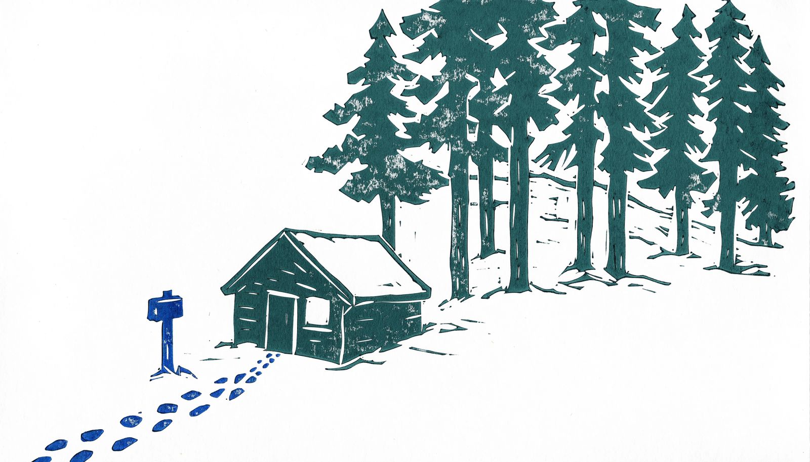 A linocut print of a timber cabin at the forest edge, one window lit, a post box by the path.