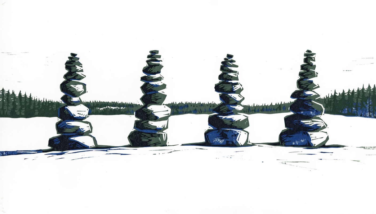 A linocut print of four stone cairns in a row on a snowfield.