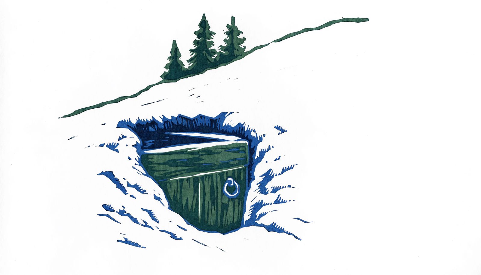 A linocut print of a root-cellar door set into a snowy hillside.