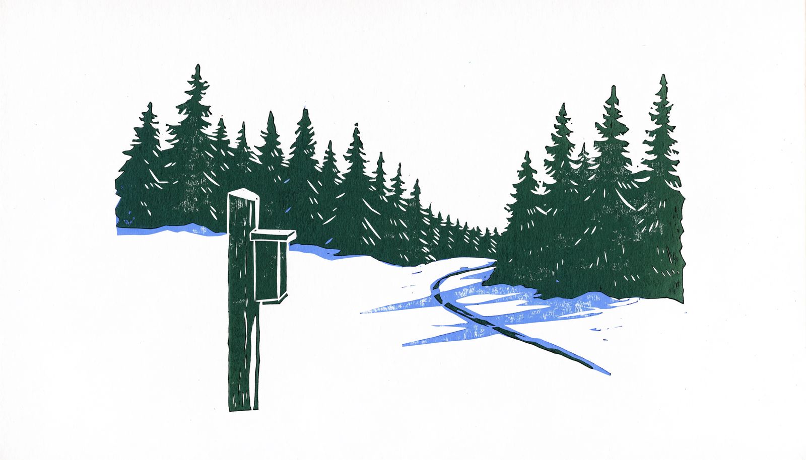 A linocut print of a wooden post with a plain letter box at the forest edge.